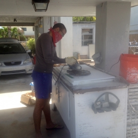 Alain sectioning corals with a tile saw